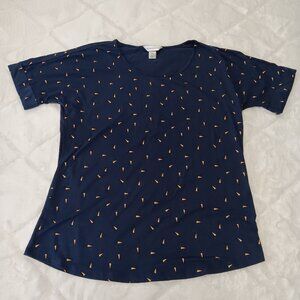 navy blue with gold triangle cone pattern cuffed sleeved round neck top